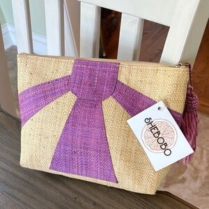 Purple and Tan Straw Clutch Wristlet